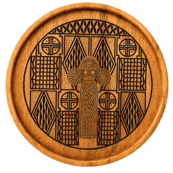 Plateau rond bois gravé — Motif Éléphant Ndop 37 cm, padouk ou mouvingui | Wouley