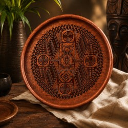 Plateau rond bois padouk gravé — Serpent bicéphale bamoun 37 cm | Wouley