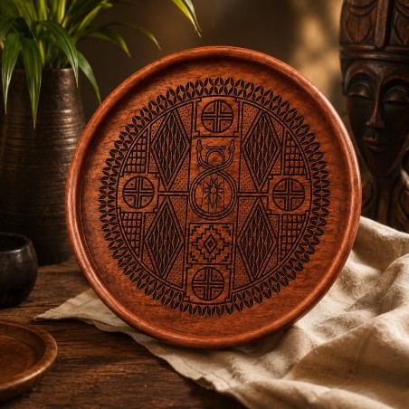 Plateau rond bois padouk gravé — Serpent bicéphale bamoun 37 cm | Wouley