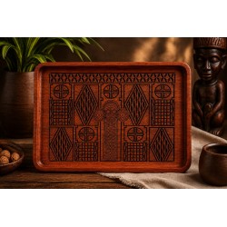 Plateau bois padouk gravé — Motif Éléphant Ndop 40×30 cm | Wouley