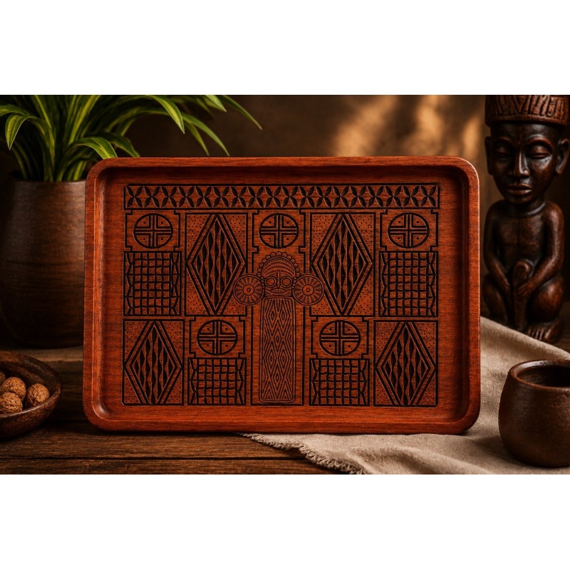 Plateau bois padouk gravé — Motif Éléphant Ndop 40×30 cm | Wouley