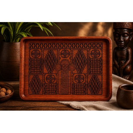 Plateau bois padouk gravé — Motif Éléphant Ndop 40×30 cm | Wouley