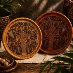 Plateau rond bois gravé — Motif Éléphant Ndop 37 cm, padouk ou mouvingui | Wouley