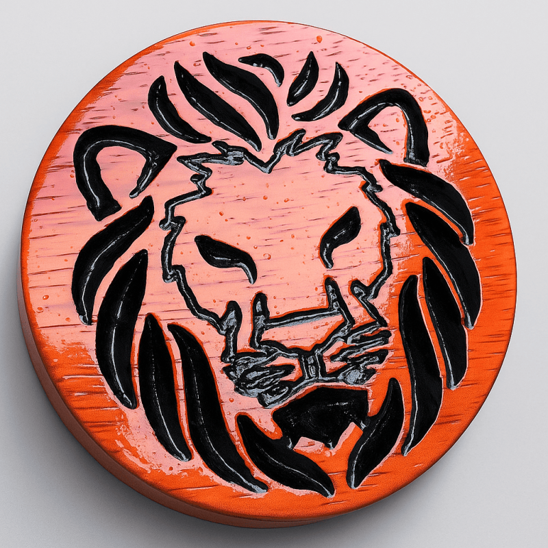 Sous-verre en bois gravé tête de lion – Fabrication artisanale CNC | WOULEY